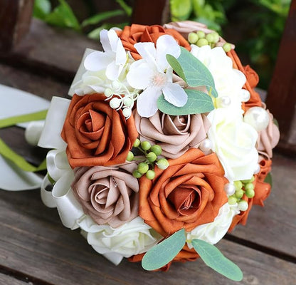 Lightweight Bridal Wedding Bouquet Round Holding Bouquet Throw Toss Artificial Rose Flower Bunch for Bride Bridesmaid Wedding Quinceanera (Cream, Coral & Rosy Brown, 6.7")