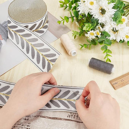 OLYCRAFT 10.9Yards Jacquard Ribbon Trim 2.4 Inch Leaf Pattern Polyester Ribbons Grey White Woven Embroidery Trim for DIY Sewing Crafts Handmade Bag Belts Clothing Decoration