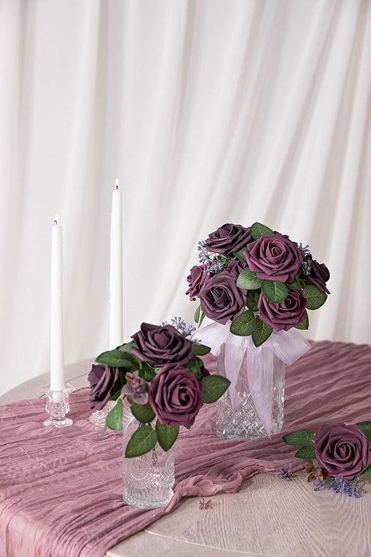 Ling's moment Artificial Flowers 25Pcs Mauve Plum Roses Decor w/Stems,3" Real Touch DIY Foam Floral for Wedding Bouquet/Centerpieces, Outdoors Party Backdrop, Room/Table, and Garden/Pot Decorations