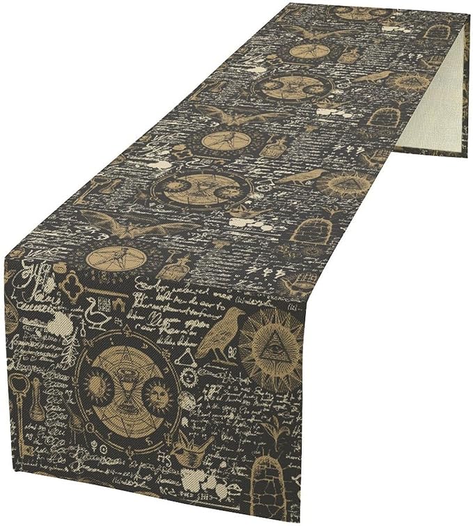 Gothic Table Runner,Black Gold Vintage Theme Print Table Runner for Home Kitchen Table Dining Garden Farmhouse Wedding Party Decor 13x108 Inch