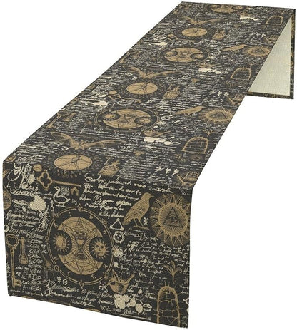 Gothic Table Runner,Black Gold Vintage Theme Print Table Runner for Home Kitchen Table Dining Garden Farmhouse Wedding Party Decor 13x108 Inch
