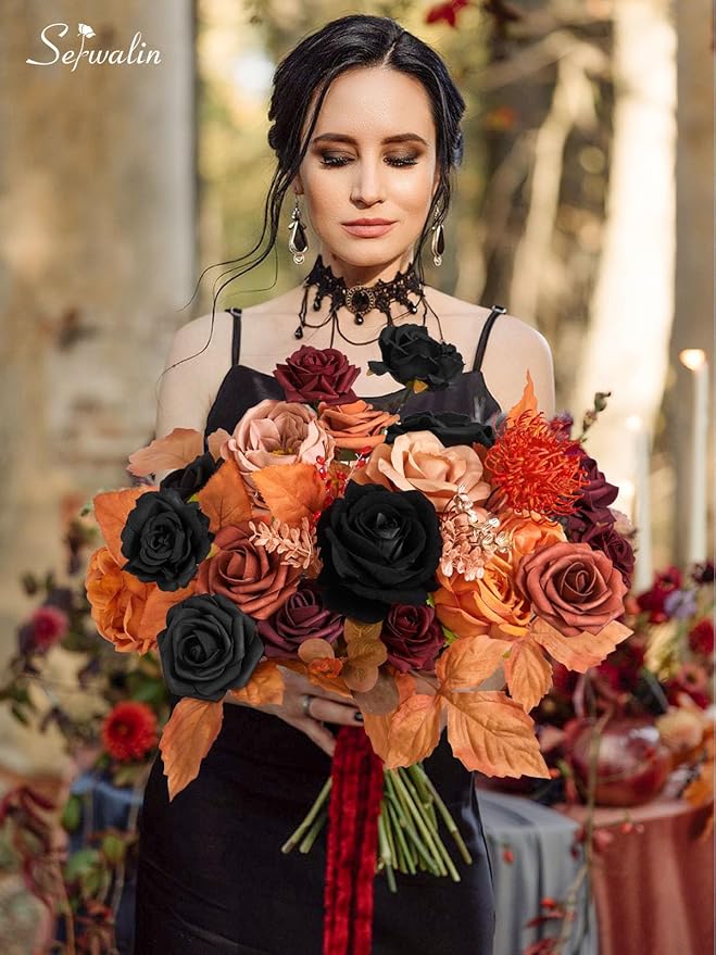 Serwalin Fall Flowers Vintage Orange & Black Artificial Flowers Halloween Black Wedding Flowers Combo for Wedding Bouquets Centerpieces Flower Arrangements Decorations