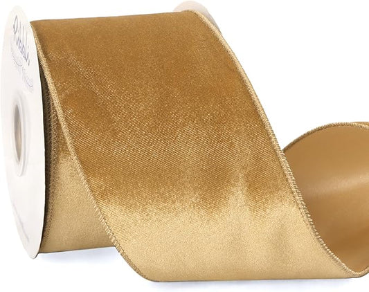 Ribbli Champagne Velvet Wired Ribbon 4 Inch Velvet with Satin Christmas Ribbon for Gift Wrapping Christmas Tree Decoration Crafts Wreaths Supplies-Continuous 10 Yards