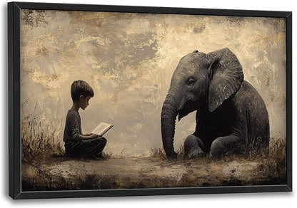 Elephant Large Wall Art Boy Reading Pictures Wall Decor Animal Canvas Elephant Print Painting Modern Artwork Home Decoration for Living Room Bathroom Bedroom Office Framed 36"x24"