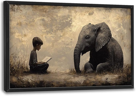 Elephant Large Wall Art Boy Reading Pictures Wall Decor Animal Canvas Elephant Print Painting Modern Artwork Home Decoration for Living Room Bathroom Bedroom Office Framed 36"x24"