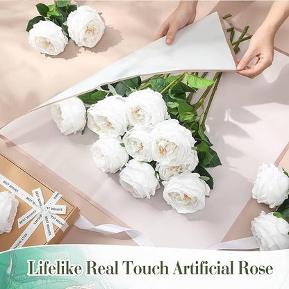 Giegxin 20 Pcs Real Touch Peonies Austin Roses Artificial Flowers, Faux Look Real Long Stems Fake Flower with Big Blooms for Christmas Valentines Wedding Party DIY Arrangement Home Decor(White)