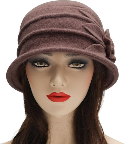 ZLYC Women Wool Cloche Bucket Hat 1920s Vintage Dress Winter Hats with Flower Accent