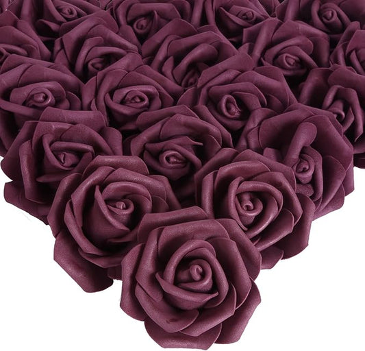 IPOPU Foam Roses Artificial Flowers,100Pcs Stemless Plum Foam Fake Roses Heads 3inch Faux Flower for DIY Crafts, Wall Decorations, Wedding Centerpieces Bouquets, Bridal Shower, Party Home Decor(Plum)