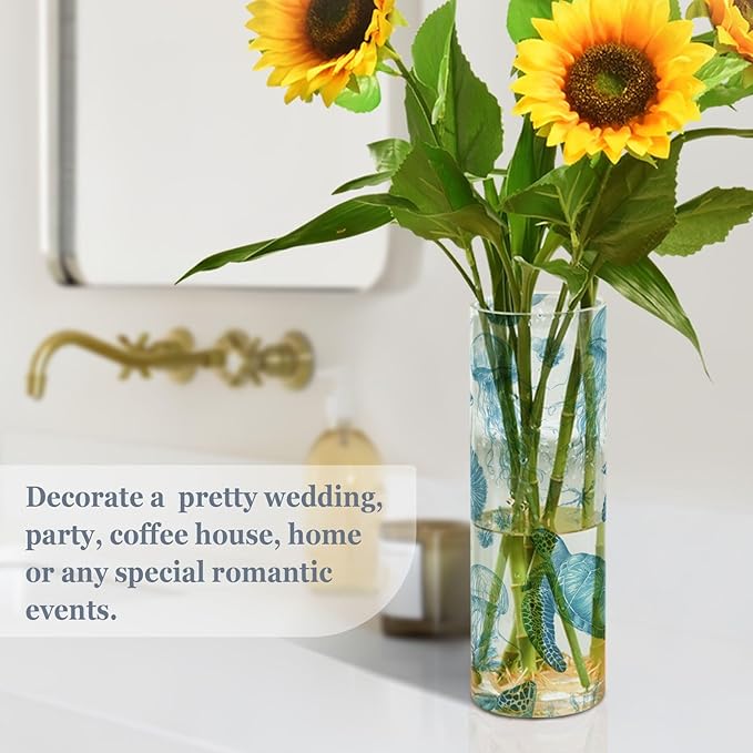 Flower Vase Clear Plastic Cylinder Vases Decor for Centerpieces Home Storage Office Weddings Blue Turtles Shells and Jellyfish 11.8 x 3.9 in