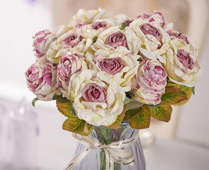 Rose Artificial Flower 28pcs Realistic Faux Silk Roses Fake Flowers Bouquets Arrangements Decor for Wedding Spring Mother's Day, Home Table Decorations, Light Purple Flower