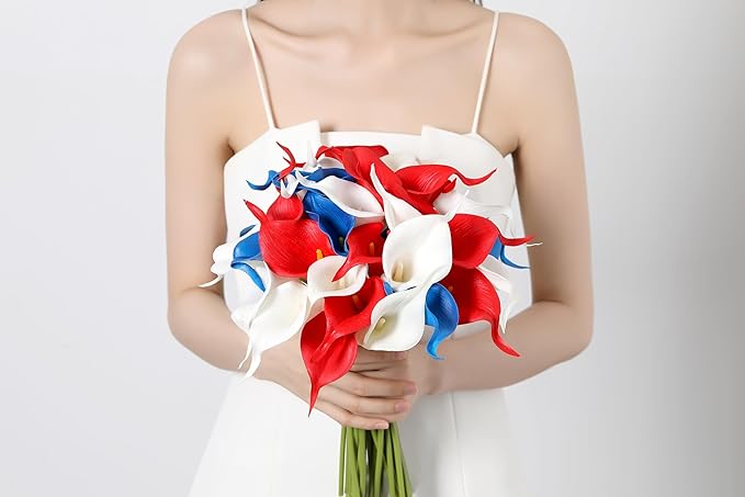 SITUMEIZI 24 PCS 4th of July Flowers Artificial Calla Lily Fake Silk Patriotic Flowers Real Touch for Independence Day Home Kitchen Decor Table Centerpiece Decoration(Mix,3)