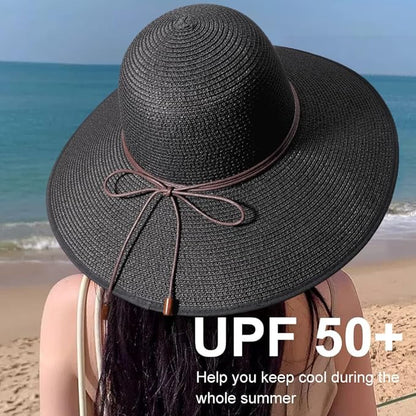 DRESHOW Beach Hats for Women Big Straw Wide Brim Summer Hat Floppy Foldable Roll up Cap Sun Hat UPF 50+