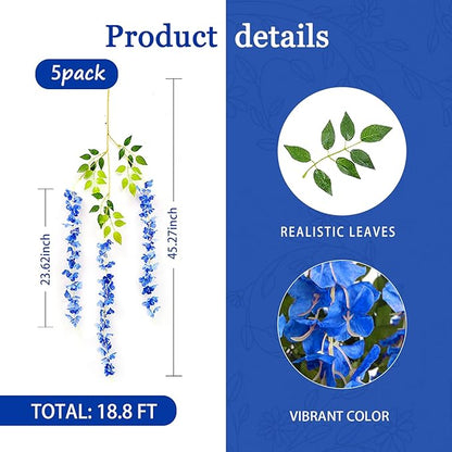 5 Pack Royal Blue Wisteria Hanging Flowers Garland, 3.77 Feet Artificial Flower Vines, Fake Wisteria, Artificial Vines Hanging Garland for Backdrop Outdoor Yard Garden Decor