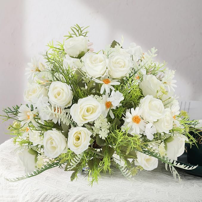 Artificial Flowers Bouquet 3 Pack Fake Rose Bouquet Faux Artificial Flower Arrangements Decoration Table Wedding Flower Centerpieces（White）