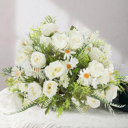 Artificial Flowers Bouquet 3 Pack Fake Rose Bouquet Faux Artificial Flower Arrangements Decoration Table Wedding Flower Centerpieces（White）