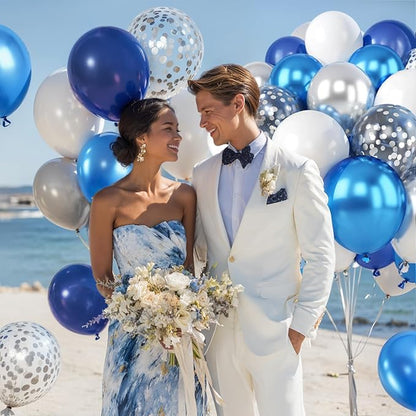 Blue White Silver Confetti Balloons, 50pcs 12 Inch Metallic Blue and Silver Balloons Clear White Confetti Latex Balloons for Birthday Wedding Anniversary Gender Revea Bridal Shower Party Decorations