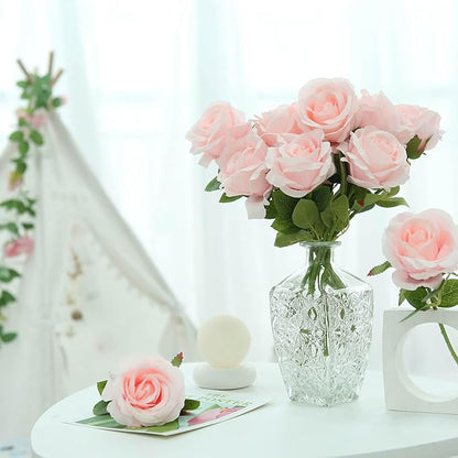 Felice Arts 12 Pack Light Pink Roses Baby Pink Artificial Flowers Silk Flowers with Stems Fake Flowers Bouquet for Wedding Centerpiece Table Vase Home Kitchen Party Valentines Decoration DIY Decor