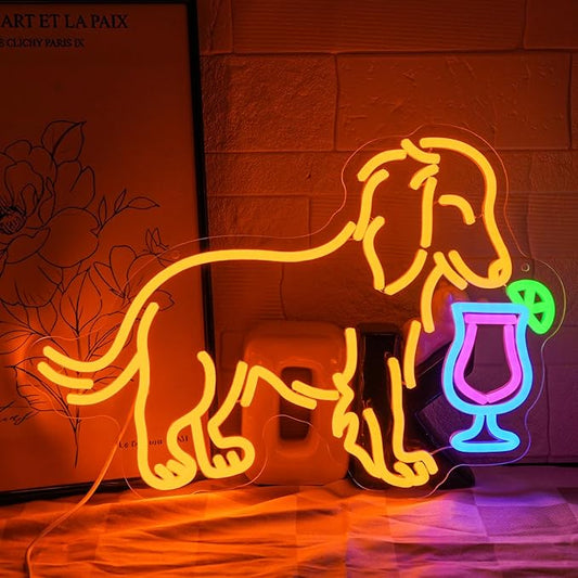 Dachshund Drink Martini Neon Sign for Wall Decor Long Haired Dachshund Bar Neon Light Colorful Dog Drink Martini Led Light Dog Neon Light for Bedroom Man Cave Living Bar Room Shop Party