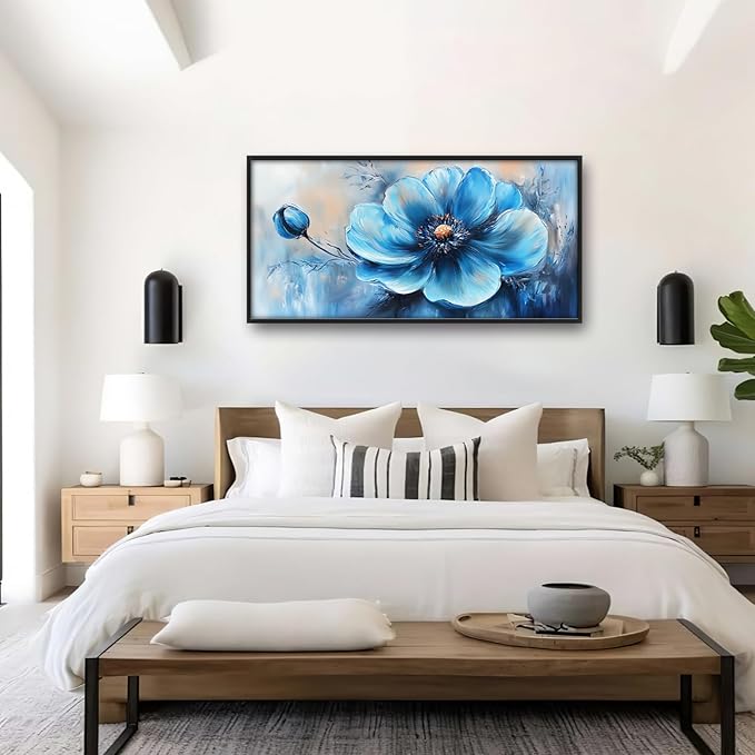 Extra Large Abstract Blue Flower Framed Wall Art for Living Room,Oversized Elegant Floral Pictures Wall Decor,Canvas Print Painting Modern Artwork Bedroom Office Bathroom 60L x 30W