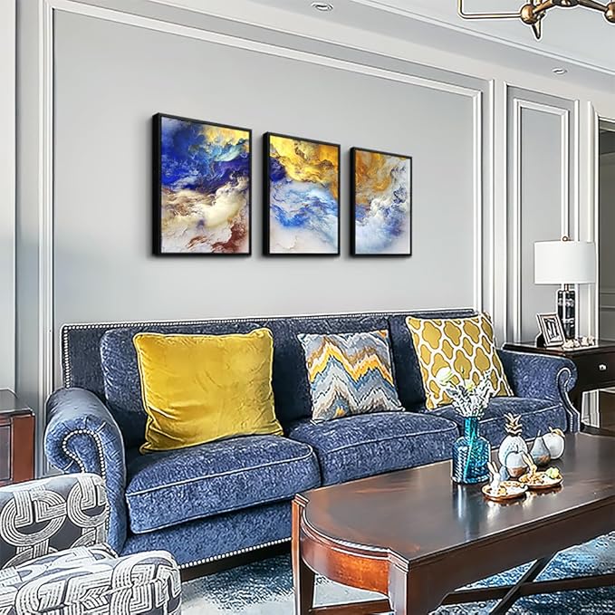 Black Framed Abstract Wall Art for Living Room and Bedroom - Set of 3 Watercolor Painting Prints - Contemporary Home Decor - Office Decorations - 12"X16"