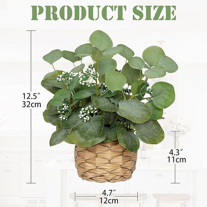 DILATATA Artificial Eucalyptus Stems in Woven Basket Planter, 12" Fake Plant Eucalyptus Leaves with Green Seeds Faux Potted Plant Greenery for Table Centerpiece Office Indoor Home Decor