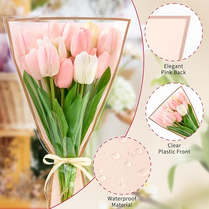 Mauproy 50 Pack Pink Flower Bags for Bouquets, 17.7 x 10.9 Inches Plastic Flower Sleeves Clear Front Floral Wraps with Ribbons for Christmas Florist Packaging Supplies
