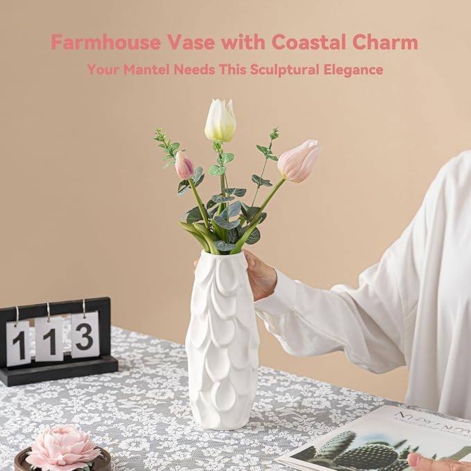 Scalloped Scale Vase - White Matte Ceramic with Textured Sculptural Design, 10.5" Unique Flower Vase for Pampas Grass/Centerpieces,Decorative Boho Vase for Living Room/Office,Ideal Gift for Art Lovers