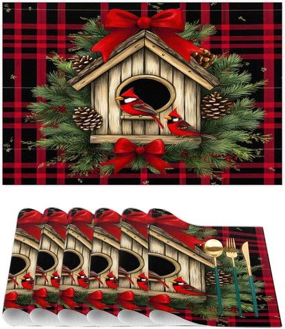 Christmas Art Waffle Cardinal Placemats Set of 1 PVC Vinyl Non Slip Table Mats Heat Resistant Place Mats Washable Wipeable Dining Table Mat for Kitchen Decor Party Indoor Outdoor Decorative Gift