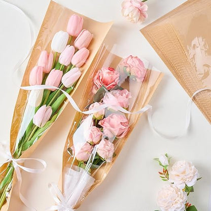 CLUEWR 50 PCS Flower Bags for Bouquets, Floral Wrapping Sleeves with Ribbons Florist Wrap Supplies, 24.8 x 8.7 Inches