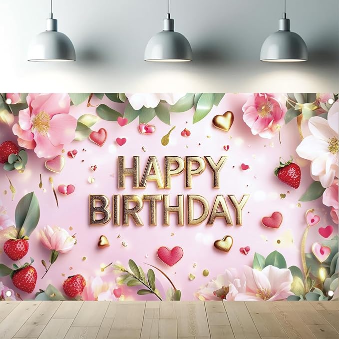 Pink Happy Birthday Backdrop Banner Gold Floral Heart Strawberry Design Photography Background Girls Birthday Party Decorations Photo Booth Supplies 71x43 Inch