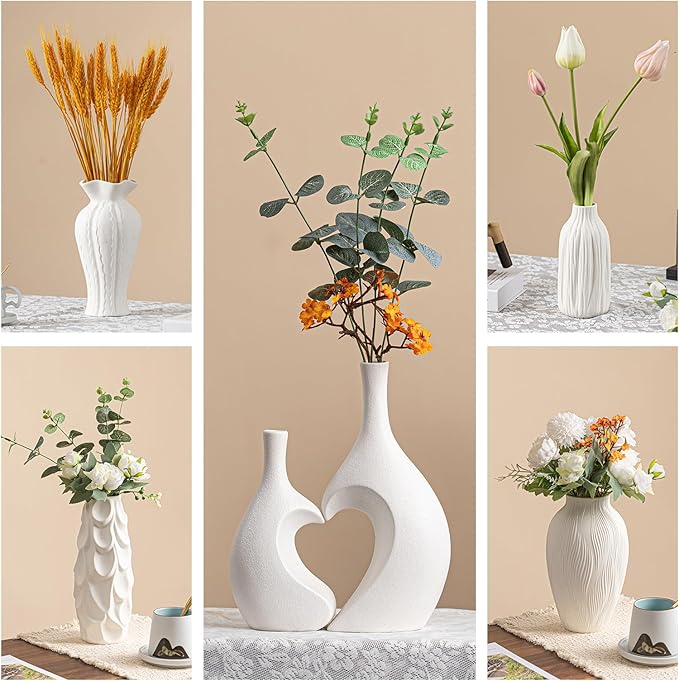 Windblown Texture Vase - White Matte Ceramic with Dynamic Lines, 9.2" Unique Flower Vase for Pampas Grass/Centerpieces, Decorative Farmhouse/Boho Vase for Living Room/Office, Ideal Gift for Minimalist