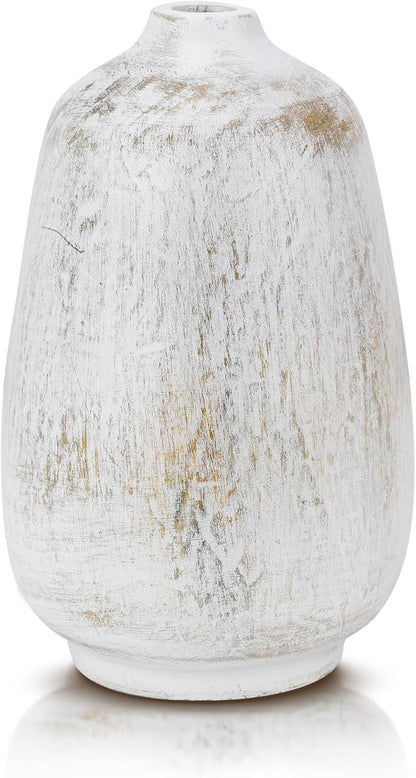 AeraVida Rustic Oval White Mango Wood Flower 6" Vase | Handmade Minimalist Table Decor | Natural Wooden Bottle Vase for Dried & Artificial Flowers | Boho Chic Home Office Kitchen Wedding Decoration