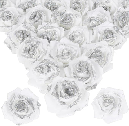100pcs Stemless White Fake Foam Roses with Silver Glitter, 2.56" Artificial Roses for DIY Craft Baby Shower Centerpieces Wedding Flower Decor (White)