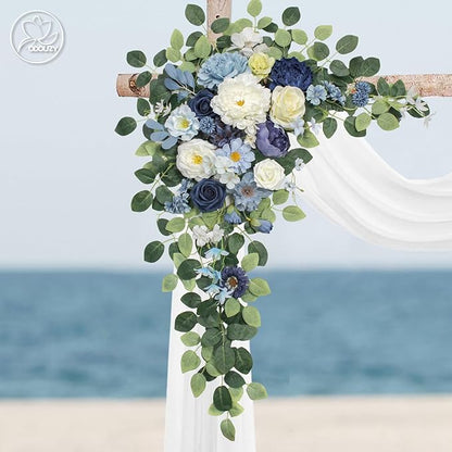 Wedding Arch Flowers Kit,Artificial Flower Arch Decor (Set of 3),2pcs Artificial Flower Arrangement with 1pc Sheer Drape for Wedding Decor Reception Backdrop Floral Decorations (Blue)