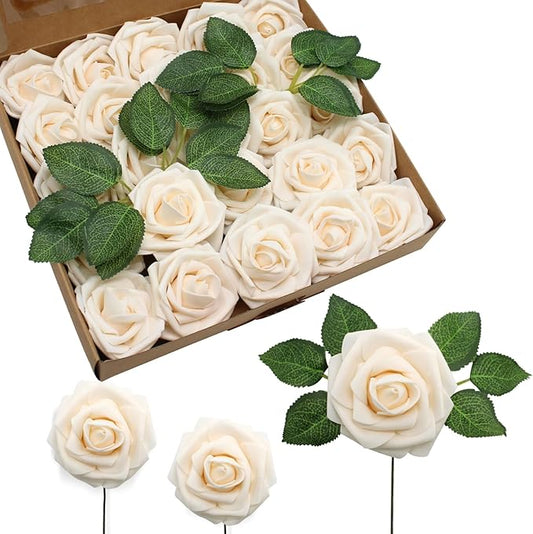 JOYLEX Artificial Flowers Realistic Roses, Real Looking Fake Roses with Stem for DIY Wedding Bouquets Centerpieces Bridal Shower Party Home Romantic Decorations (Champagne, Regular 3" - 200pcs)