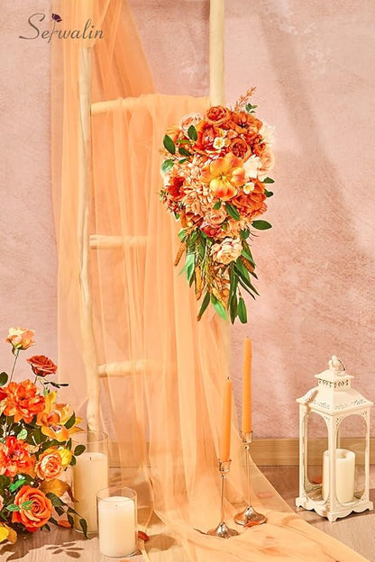 Serwalin 11 Inch Wedding Bouquets for Bride Bridesmaid,Fall Cascading Orange Bridal Bouquets for Bride,Wedding Ceremony and Anniversary Day Decor