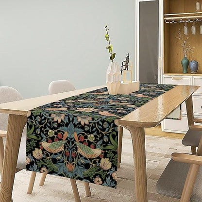 William Morris Floral Table Runner, Strawberry Thief Birds in Green and Blue Table Runner for Home Kitchen Dining Table Decoration,13x36 Inch