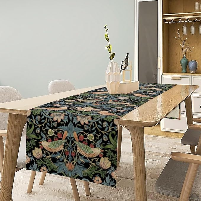 William Morris Floral Table Runner, Strawberry Thief Birds in Green and Blue Table Runner for Home Kitchen Dining Table Decoration,13x60 Inch