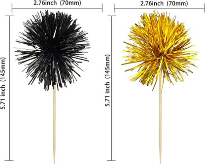 Gyufise 30Pcs Foil Firework Cupcake Toppers Sparkle Tinsel Cake Toppers Tinsel Drink Cake Decoration Cocktail Picks for Birthday Wedding Graduation Party Supplies Gold Black
