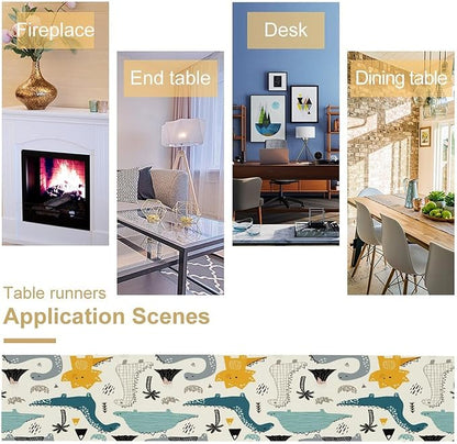 Cartoon Dinosaur Table Runner,Kids Boys Cute Various Dino Moutain Modern Abstract Print Tablecloth Burlap for Hotel Indoors Outdoor Dining Room Kitchen Holiday Party, 13x70in