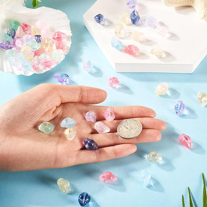 66Pcs Glass Conch Shell Beads Colorful Spiral Shells Glass Crystal Beads Transparent Spray Paint Ocean Beach Seashell Bead Marine Life Bead for DIY Craft Bracelet Earring Jewelry Making