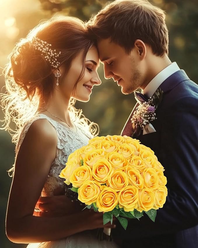 LFF 50Pcs Yellow Roses Artificial Flowers with Long Stems, Realistic Velvet Faux Roses in Bulk, Wedding Bouquet, DIY Floral Arrangement for Home/Wedding/Proposal Ceremony Decoration(Yellow)