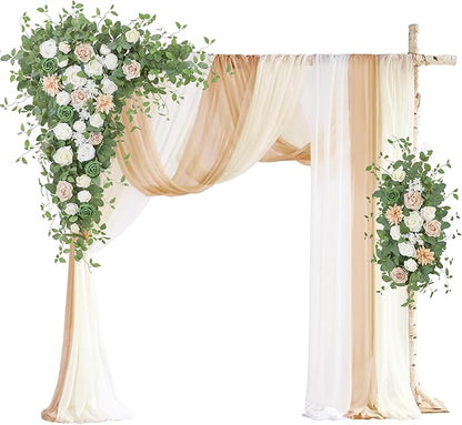 Wedding Arch Flowers with Drapes Kit (Pack of 5) - 2pcs Artificial Champagne Deluxe Swag with 3pcs Hanging Sheer Drapes for Wedding Ceremony Arbor Reception Backdrop Rose Floral Decoration