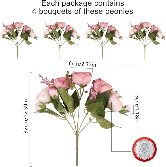 Artificial Peonies Silk Flowers, Pink Faux Peony Bouquet 4 Bundles Florals Arrangements for Farmhouse Home Boho Wedding Table Centerpiece, Fake Plastic Flowers Bulk for Vase Decoration (Blush Pink)