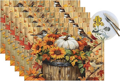 PVC Placemats Set of 6 Wipeable Table Mats Washable Heat Resistant Non Slip Vinyl Dining Table Mat for Kitchen Indoor Outdoor Patio Farmhouse Place Mats Retro Wooden Fall Bird Decorative