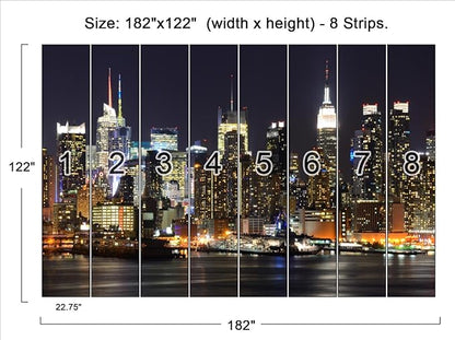 Manhattan Night View Wall Mural, 182" x 122" (8 Panels, Non-Self-Adhesive, Silk Material, Urban Theme)