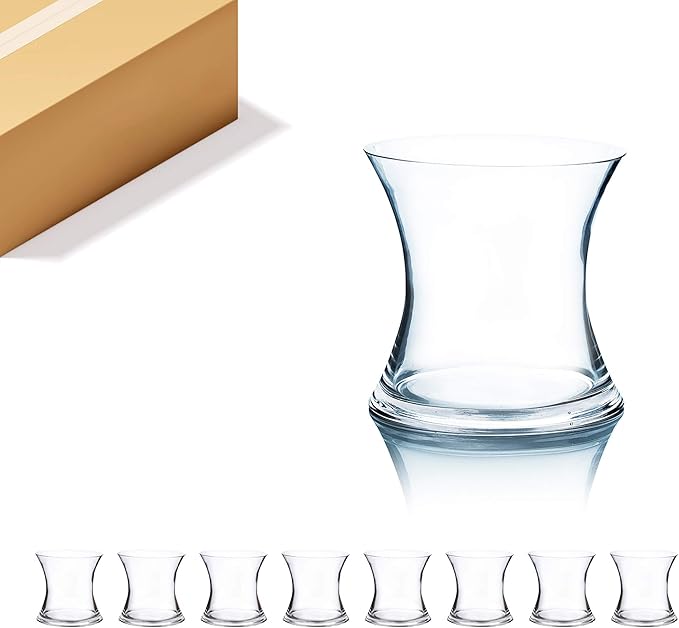 WGV Unique Bouquet Vase Bulk, 7" W, 7" H, Clear Short Hurricane Concaved Neiman Glass Floral Container, Home Wedding Event Decor, 8 Pieces (VHV0707)