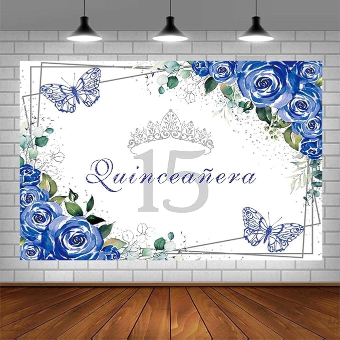 SENDY 8x6ft Quinceañera Backdrop Mis Quince 15 Anos Birthday Party Decoration Supplies for Girl Princess Royal Blue Floral Butterfly Silver Crown Photography Background Banner Photo Booth Studio Props
