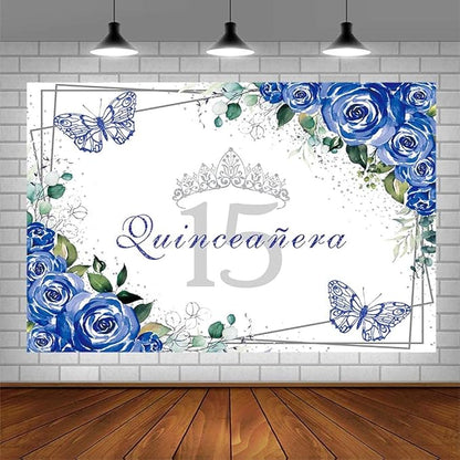 SENDY 8x6ft Quinceañera Backdrop Mis Quince 15 Anos Birthday Party Decoration Supplies for Girl Princess Royal Blue Floral Butterfly Silver Crown Photography Background Banner Photo Booth Studio Props