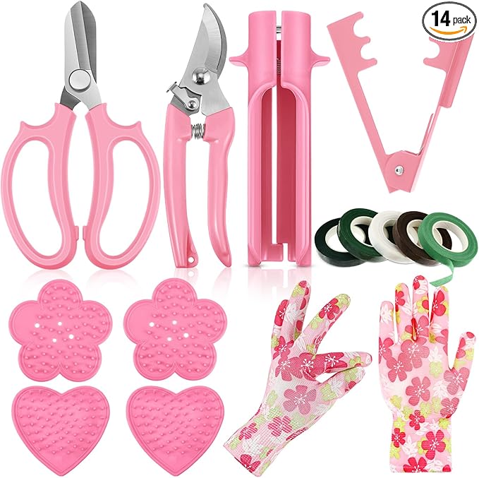 Lasnten 14 Pcs Rose Stripper Thorn Remover Tool Garden Pruning Shears Scissors Kit Leaf Stripping Tool Floral Gloves and Floral Tape Flower Stripper Kit Gift for Wedding Outdoor Gardening